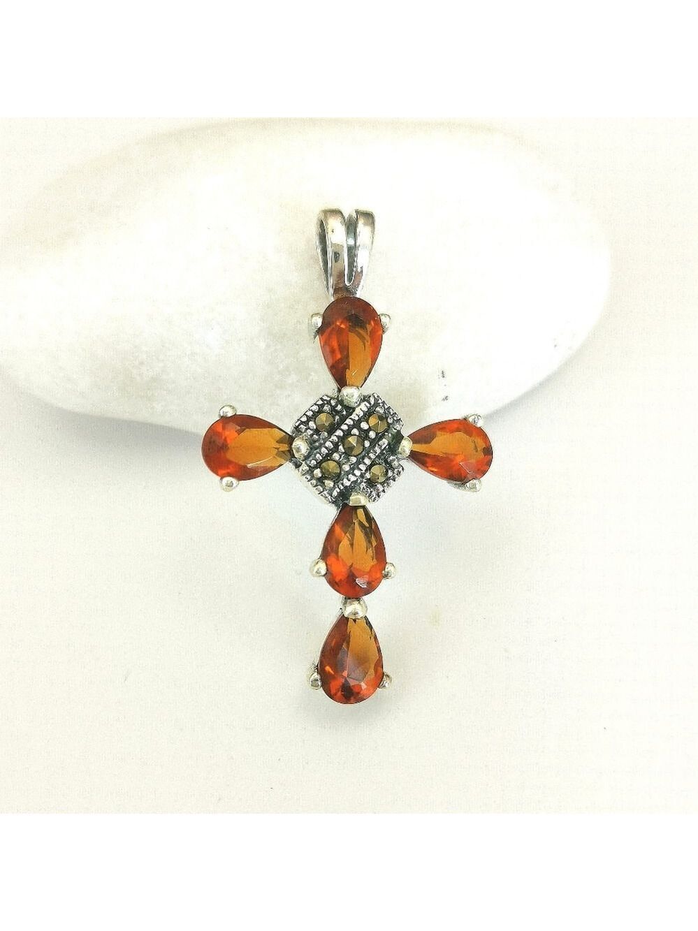 Spessartite garnet Marcasite cross pendant necklace In Sterling Silver